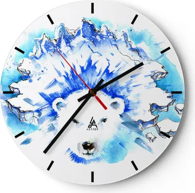 Produktbild von Wanduhr - Rund - Glasuhr - Bär Eis Winter Arktis - 30x30cm - Schleichendes Uhrwerk - Lautlos - zum Aufhängen bereit - Dekoration Modern - Wanddekoration aus Glas - C3AR30x30-3021