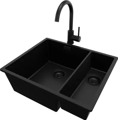 Produktbild von PRIMAGRAN Granitspüle Alles Schwarz 56x47cm, Spülbecken 1,5 Becken + Küchenarmatur 32x20cm + Ablauf-Set, Küchenspüle ab 60er Unterschrank - London Slim Duo
