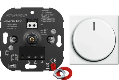Produktbild von EBROM® Unterputz UNIVERSAL LED Dimmer - der Alles Dimmer - Drehdimmer Phasenabschnitt + Phasenanschnitt LED 3-100 Watt, Halogen 10-220 W/VA + Busch Jäger Zentralscheibe 2115-914 in Balance Si alpinweiß