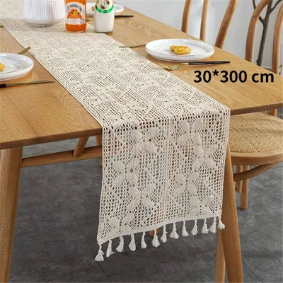Zdjęcie produktu dla Ręcznie robiony szydełkowy obrus w motyle, makrama w stylu vintage, bawełniany obrus boho z frędzlami na stół weselny, 300 cm, 30 cm