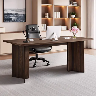Immagine prodotto di Scrivania - Scrivania direzionale, scrivania da ufficio, scrivania per computer - Lunghezza 160 cm - Uscita cavi - Portata 113,4 kg - Pannello a nido d'ape + truciolato - Per ufficio e studio - Marrone/nero