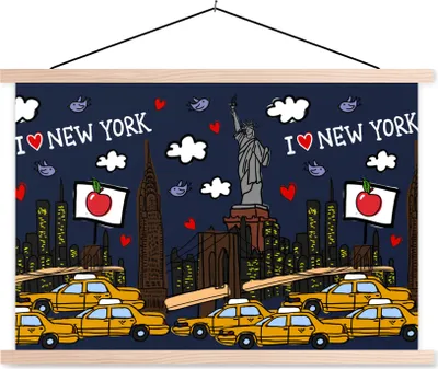 Produktbild von MuchoWow® Textilposter New York - Taxi - Freiheitsstatue 120x80 cm mit holzfarbenen Rahmen - Aufhängeset