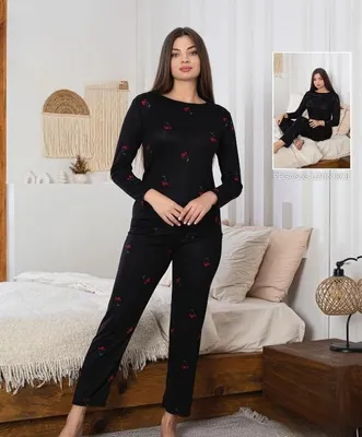 Produktbild von Damen Pyjama Schlafanzug Lang Winter Schwarz L Baumwolle 2 Teiler Warm A-83