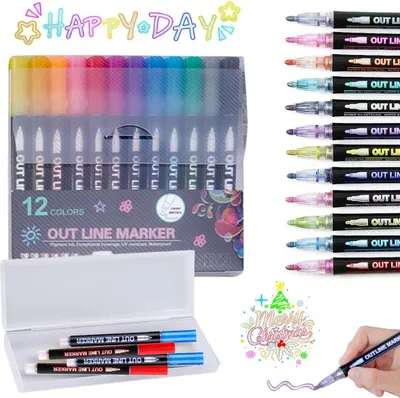 Produktbild von Marker Outline Double Line: 12 Farben Metallic Glitter Pens Set Doodle Zeichenbedarf