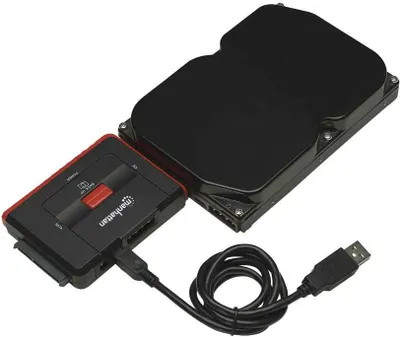 Produktbild von Manhattan Hi-Speed USB 2.0 auf SATA/IDE Adapter, 3-in-1-Adapter mit Backup auf Knopfdruck, USB Typ-A, Schwarz, SATA 1.0 FCC CE EuP WEEE, 12 V, 70 mm, 98 mm