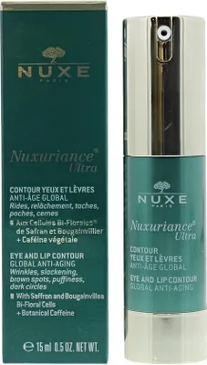 A product shot of a Nuxe Nuxuriance Ultra Rejuvenating Eye and Lip Contour Serum, with its packaging box to the left and the product bottle to the right.