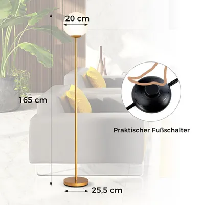 Productafbeelding van Een staande lamp met een glazen lampenkap en een voetpedaal, hoogte 165 cm
