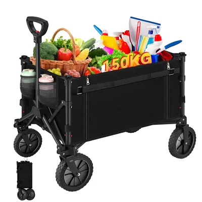 Produktbild von Bollerwagen, Zusammenklappbarer Wagen mit Rädern, Praktischer Einkaufswagen, Garten Gartenbauwagen, hohes Volumen, 150 kg Tragfähigkeit, Schwarz