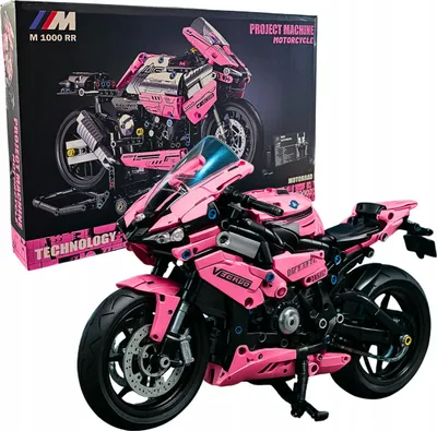 A pink toy motorcycle model and its packaging.
