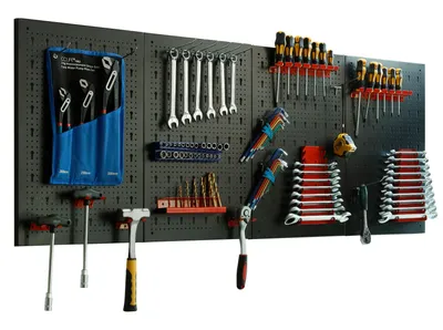 Produktbild von CCLIFE Werkzeugwand Lochwand Metall Werkzeuglochwand Vier Teile 160 x 60 x 2 cm Erweiterbar Inkl. 52-Teiligem Zubehör Wandregal Werkzeugaufbewahrung