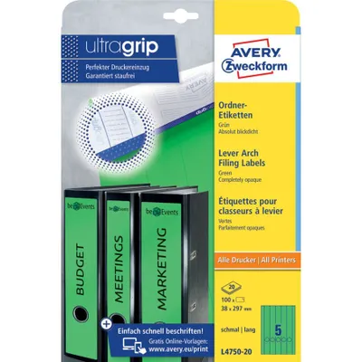 Imagen del producto de Avery Zweckform® L4750-20: Etiquetas para carpetas, formato estrecho/largo, (A4 - 20 hojas), 100 unidades, color verde