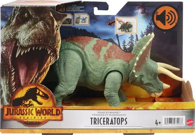 Product packaging for a Jurassic World Triceratops toy, featuring a large T-Rex graphic and the toy itself.