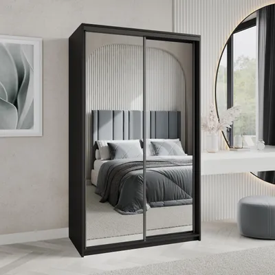 Produktbild von Masseno Schiebetürenschrank RIEN 120/205/60 cm Kleiderschrank mit Schubladen Schlafzimmer Schrank 2-türig mit Spiegel Schwarz + Schwarz
