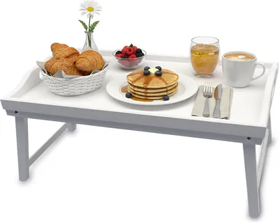 Produktbild von Relaxdays Betttablett, Bambus, HxBxT: 20 x 50 x 30 cm, Serviertablett mit Füßen, Griffe, Frühstück im Bett, weiß