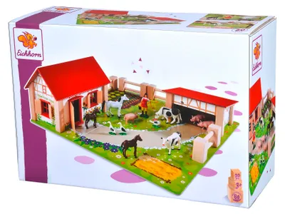 Produktbild von Eichhorn 100004304 - Kleiner Bauernhof, bestehend aus 2 Gebäuden, Spielplatte, Figuren, Tiere, Zäunen, 20-TLG., 36 x 39 cm, Buchenholz, ab 3 Jahren