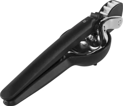 A black and silver garlic press on a white background.