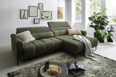Produktbild von Wohnlandschaft >Wolve< elektr. Sitzverstellung, 2 Kissen, Cord grün - 277x108x179cm (BxHxT)
