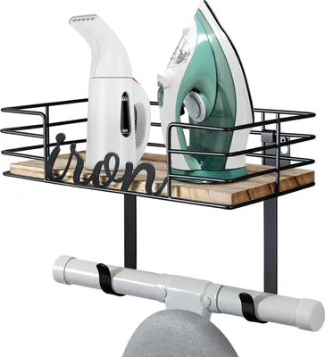 Produktbild von Bügelbrett-Halter mit Holz-Basismand - Wasraum Bügelbretthalter mit abnehmbaren Haken für Bügelbrett