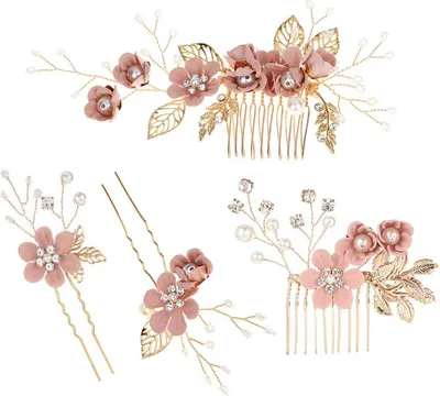 Produktbild von Haarkamm Hochzeit Braut Haarschmuck, Blumenhaarschmuck Braut Kamm Handgefertigtes Haarnadel-Set Kristall-Brautschmuck Kristall Clip Perle Haarnadel Strass Hochzeits-Kopfschmuck 4 Stück Pink