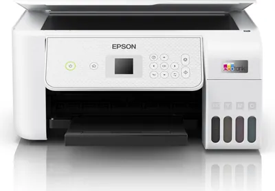 A white Epson EcoTank ET-2876 printer is shown from the front, with its lid open.