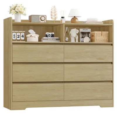 Zdjęcie produktu dla Komoda – komoda do sypialni – 6 szuflad – 2 otwarte półki – drewniana szafka do przechowywania – 120 x 40 x 100 cm – dąb