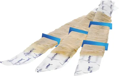 Three sausage casings are arranged diagonally on a white background.