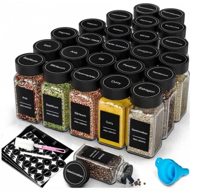 Productafbeelding van Kruidenpotjes glas - Set van 24 - 120 ml - Vierkant - Luchtdicht - Met etiketten en trechter