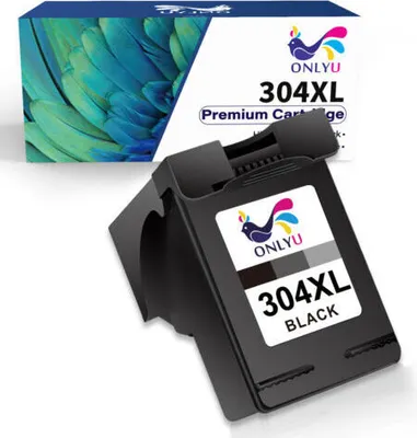 A product shot of a black ink cartridge and its packaging.