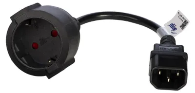 A black power adapter cable with two different connectors on each end.
