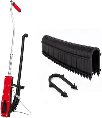 A product shot of a tacker tool and accessories for floor heating installation, set against a white background.
