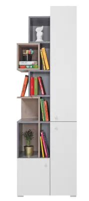 Produktbild von Furniture24 Regal Sigma Si - 4 Standregal, Bücherregal Mit 3 Türen, Schrank, Hochschrank Beton/Weiß Lux/Eiche