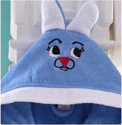 Produktbild von Teksmoda Kinderbademantel mit Kapuze Hasenmotiv Blau-Weiß 146-152