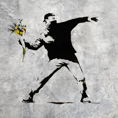 Produktbild von Banksy Kunstdruck Bild - Der Blumenwerfer, Graffiti Streetart (70 x 70 cm)