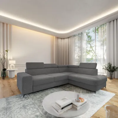 Produktbild von Masseno Ecksofa ALVORO R-S mit Schlaffunktion L-Form, Sofa mit Bettkasten, Wohnzimmersofa, Couch, Soffa, Bettsofa, Couchgarnitur- Grau, QUELLE 92