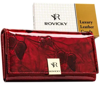 Zdjęcie produktu dla Duży, czerwony portfel damski z lakierowanej skóry naturalnej z systemem RFID - Rovicky