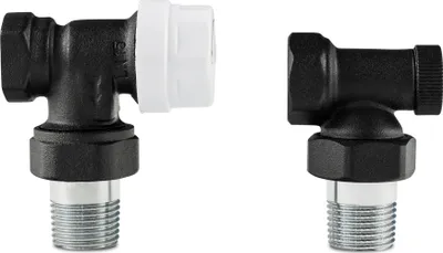 Two black angled radiator valves with silver threaded connections and one with a white cap, isolated on a white background.
