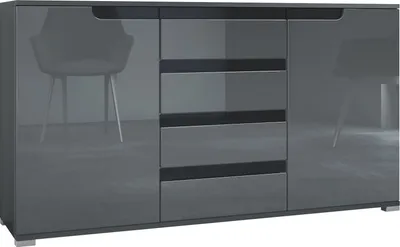 Produktbild von Vladon Sideboard Sylt V1, Kommode mit 2 Türen und 4 Schubladen, Korpus - Anthrazit matt / Front - Grau Hochglanz / Absetzung - Schwarz Hochglanz (138,5 x 75,5 x 35 cm)
