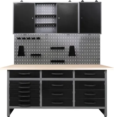 Produktbild von Ondis24 Metall Werkstatt Set 160 cm "Konny" Werkbank + 2 Schränke Arbeitshöhe 85 cm abschließbar höhenverstellbare Füße Arbeitsplatte Holz Werkstatteinrichtung Packtisch Werktisch Werkstatttisch Montagewerkbank Hängeschrank Werkzeugschrank Werkstattschrank Werkzeugwand Werkstattwand Werkzeughalter Lochblech