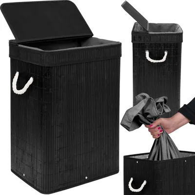 Image de Panier à linge en bambou avec couvercle SOREN 80L noir