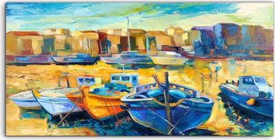 Produktbild von Coloray Acrylbild 100x50  Wandbild Acrylbilder Foto Boote Stadtlandschaft Werft