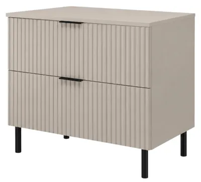 Productafbeelding van Badkamerkast, staand model, 80 cm breed, met ribbelstructuur aan de voorkant (16 mm), afwerking in Kaschmir en glad Kasmir, handgrepen in twee kleuren, afmetingen: 80 x 46 x 73,6 cm, AI-gegenereerde afbeelding