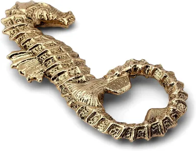 Productafbeelding van Maritim flesopener zeepaardje van messing goud 5x12x1cm flesopener 11563