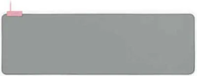 A long, rectangular gray gaming mousepad with a small pink attachment on the top left corner.