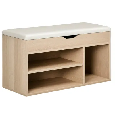 Produktbild von Schuhschrank – Bank – offenes Schuhregal – Ablage für den Eingangsbereich – gepolsterter Sitz mit Stauraum – 80 x 30 x 43 cm – Holzfarbe