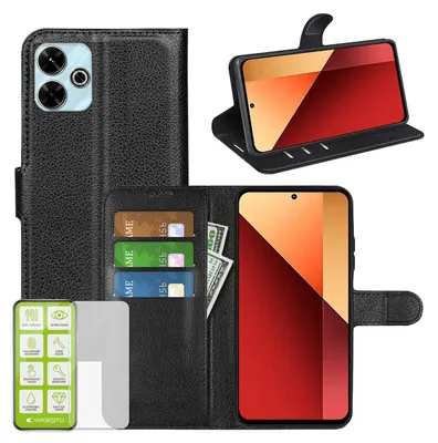 Produktbild von Für Xiaomi Redmi 13 4G / Poco M6 4G Handy Tasche Schwarz Etuis Kunst-Leder Hülle Case + H9 Hart Glas
