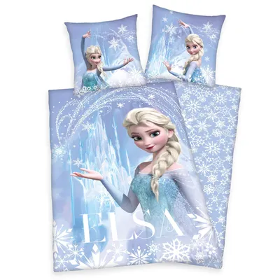 A bedding set featuring Elsa from Frozen, with a castle and snowflakes.