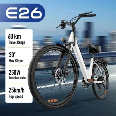Immagine prodotto di E-Bike City - E26 - Batteria al litio da 36 V - Motore brushless da 200–250 W - Ruote da 66 cm - Autonomia >60 km - Velocità massima 25 km/h - Telaio in acciaio - Bianco