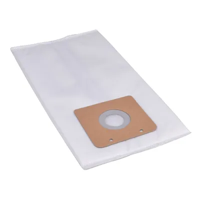 A white vacuum cleaner bag with a brown cardboard collar and a silver ring.