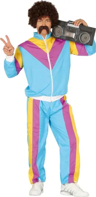 A man wearing a colorful 80s-style tracksuit and afro wig, holding a boombox over his shoulder.