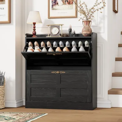 Produktbild von Schuhschrank Klappschrank 2 Türen Landhaus Stil Schuhkommode Aufbewahrung 80x28x88 cm schwarz